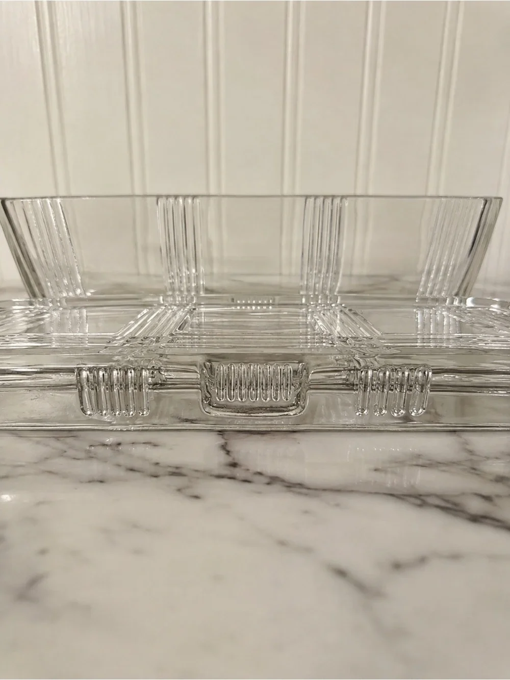Vintage Clear Pressed Glass Refrigerator Dish With Lid Art Deco Geometric